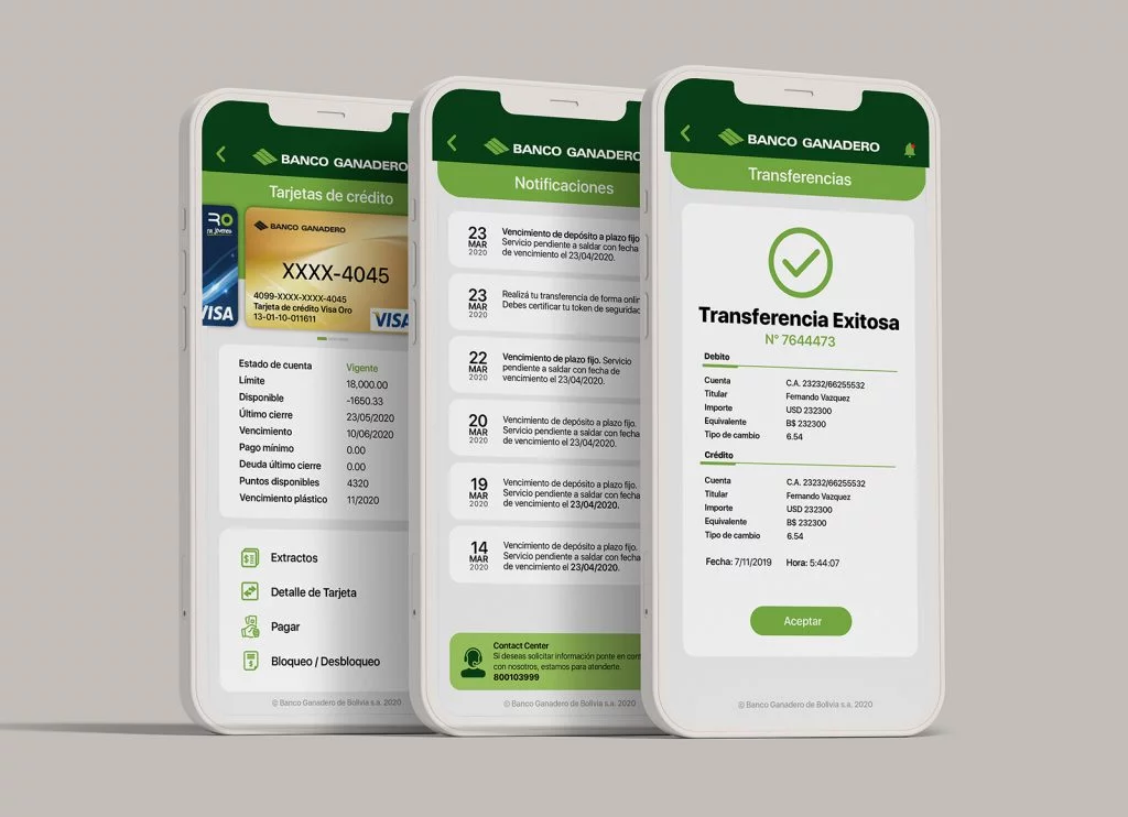 Banco Ganadero de Bolivia - Diseño de aplicación e identidad de marca. UX UI. Interfaz de usuario y experiencia.